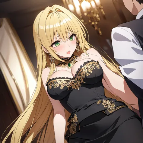 A woman is raped and violated by a man、((Highest quality)), ((masterpiece)), (detailed), （Perfect Face）、The woman is a thief with green eyes and medium-long blonde hair. She is wearing a luxurious black skirt-type suit with gold embroidery and trim, a luxu...