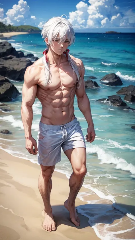 Anime guy with white hair shirtless on the beach 