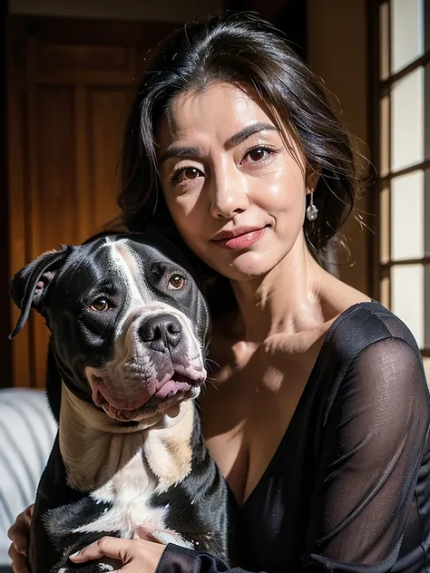 (masterpiece:1.4),((1 woman and dog : 1.5)), (((portrait of mature woman and her pit-bull : 1.4))), (63-year-old woman:1.5), (Facial wrinkles : 1.2), Nasolabial folds, (looking at viewer : 1), (smirking : 1.3), pores, dull skin, skin blemishes, (long beaut...