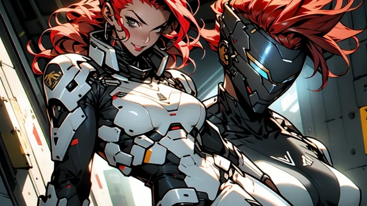 （（（chedevr）））， （（（（Best quality））））， （（（absurd））），，Sexy 35 year old adult woman，Wearing robotic armor，large breasts with décolleté，sexy pose，White mohawk and red hair，Proportional body，full body, lesbian，big breasts beautiful，mischievous smile，Military fac...