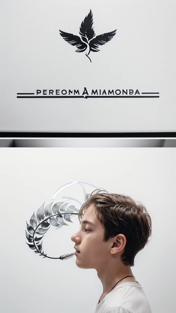 A minimal, modern, simple, cinematic logotype for the brand “Penamemoria". The logotype must be a simple, magical feather and a boy playing acoustic guitar. The logo must convey a sense of music, stories and dreams. Logo design impressed on a book cover. M...