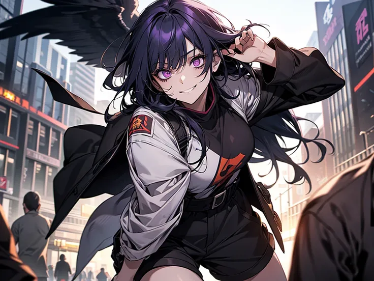 A girl in the Boku no hero style, She is wearing her hero outfit which consists of, a long-sleeved jumpsuit that covers your entire neck and ends in shorts, on top a kimono with a raven on each side drawn on it,
.The girl is transformed into a zombie her h...