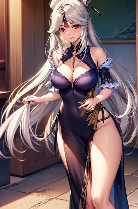 masterpiece)),((Highest quality)),High resolution,Highly detailed CG,Perfect lighting,8k wallpaper、One Woman, alone、Very long hair、Red Eyes、Very large breasts、Very large breasts、very thick legs、Looking into the camera、Captivating smile,White clothing