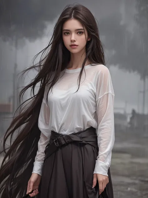 best quality,tmasterpiece,High resolution,Realistic,RAW photo,1girl,dark brown hair,Tall and tall,standing outside in the rain,Sense of strong contrast,Soft and textured skin, cold morning, With a shallow smile, With deep eyes