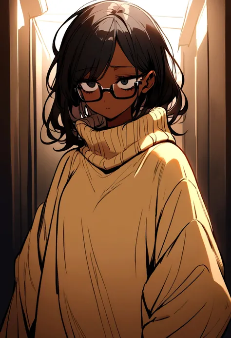 Girl, black hair blonde highlights, brown skin, black square glasses, tired look, eye bags, dead eyes, baggy clothes, big sweater