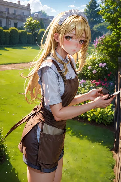 ((Female, blonde hair, brown eyes, in a garden, wearing dirty apron and shorts, blushing , gardener, 4k, great quality))