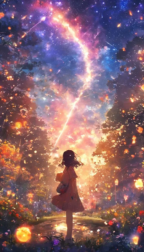 masterpiece, Concept Art, Panorama, in the center, shape, Wide Shot, garden, night, (meteor), Space galaxy background, (Great composition, Epic scale), Dynamic Lighting, Bright colors, girl,Parks in Tokyo