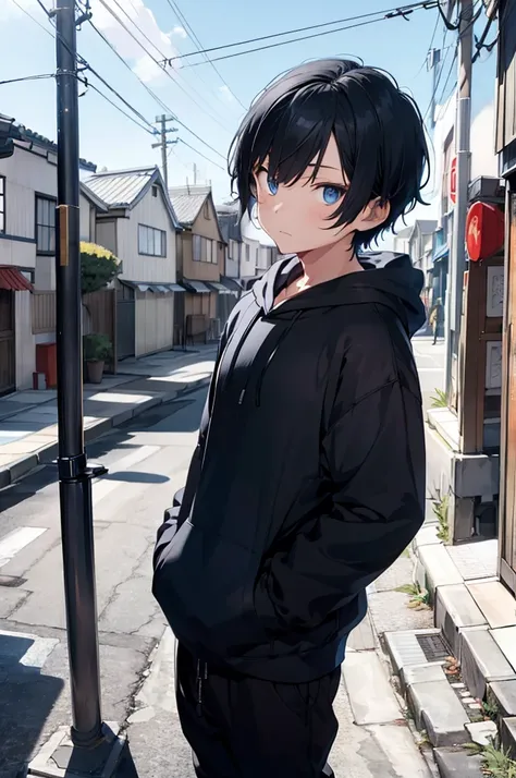 1boy, wearing hood, holding blue Japanese katana sword in left hand , short black hair, blue eyes, wearing black long sleeve hoodie with Japanese words, black large trousers, city, high res, ultrasharp, 8K, masterpiece, looking at the sky, 