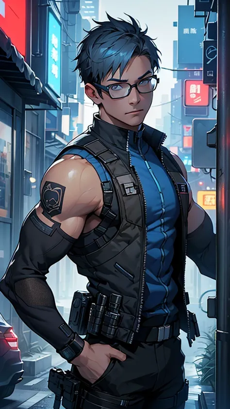 Grey and blue mesh short hair、Glasses、male、Tactical Vest、whole body、cyber punk、City of night、View here、front、