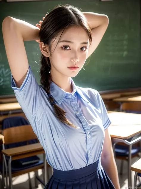 （masterpiece，Best quality，high quality，high risk，Ultra Detailed）,8K，masterpiece，RAW photos，best quality，Reality, intricate detail face，1 Girl，Detailed fabric texture，School，classroom，20 years old，Upper Body，（Uniforms，Show your armpits，Braids，Single ponytai...