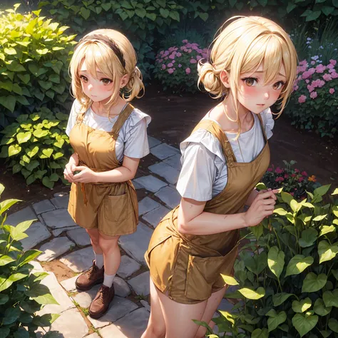 ((Female, blonde hair, brown eyes, in a garden, wearing dirty apron and shorts, blushing , gardener, 4k, great quality))