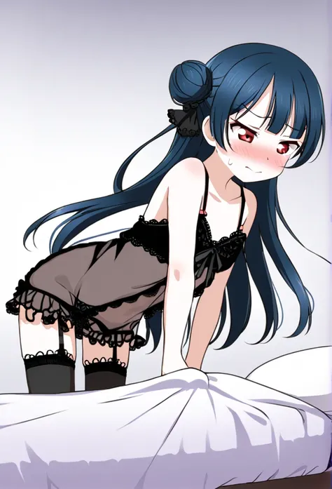 Yoshiko Tsushima　Blue Hair　Red Eye　Left bun hairstyle　Semi-long hair　Black negligee　bed　bedに座る　Brush your hair back　Black garter belt　smile　Embarrassed