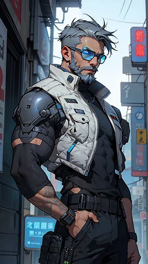 grey and blue mesh short hair、glasses、male、tactical vest、whole body、cyber punk、view here、front、beard