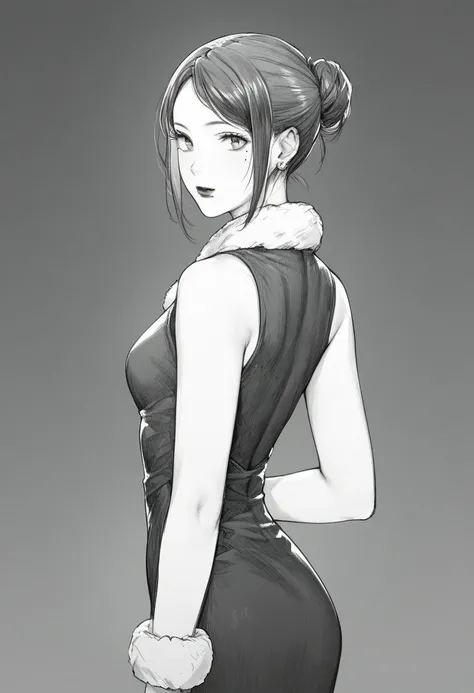 score_9, score_8_up, score_7_up, score_6_up BREAK, shinji_chibana_artstyle monochrome traditional pencil style pencil drawing , 1girl,solo, slim, pale skin tone, beauty mark, dark lipstick, regal dressing, fur trimmed black dress, dark background, bun hair...