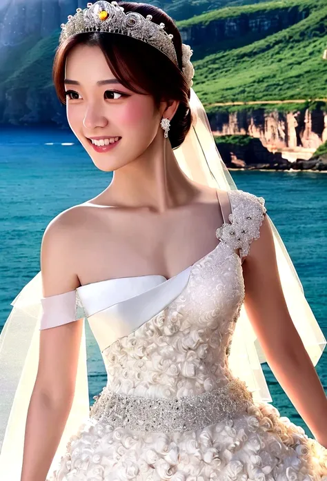 (Highest quality, Tabletop:1.2), (Realistic:1.3), (非常にDetailed Background, Detailed Background), Bokeh,Shooting from the side,  ((Medium chest)), [[valley]],(Princess line wedding dress:1.3),(((One Shoulder:1.3))), Bridal Tiara, Bridal Veil, Bridal Gauntle...