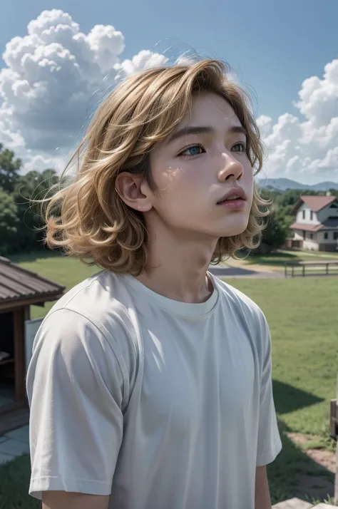 Beautiful and handsome very realistic curly-ish blonde-caramel haired softboy-ish BTS-like kinda young asian male boy looking up in a open area with a house in the background and a light blue kinda cloudy sky, frontal vision