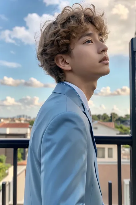 beautiful and handsome very realistic curly-ish blonde-caramel haired softboy-ish bts-like kinda young asian male boy looking up...