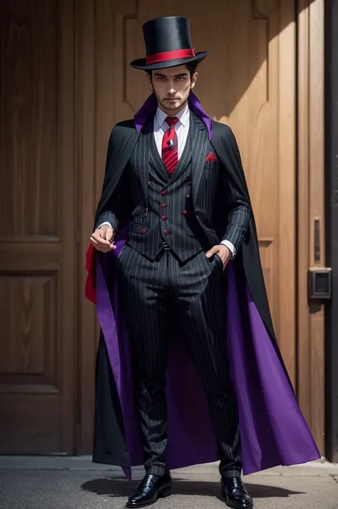 ((best quality)), ((masterpiece)), (detailed), perfect face Wizard man in pinstripe suit Red tie Black cape Green bowler hat Purple pointed boots