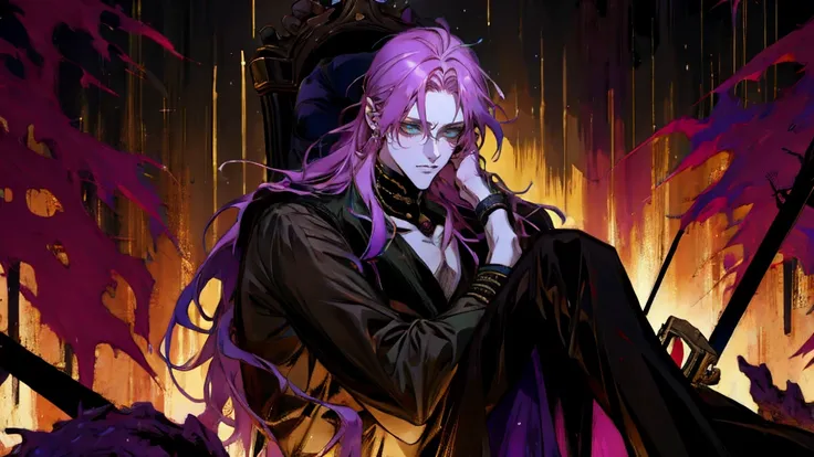 ((1 male)). ((manly:1.2)), Create a detailed portrait of a man with long hair that transitions from black at the roots to lavender at the ends, styled in an ombre effect. His hair is meticulously tied back in a sleek ponytail with no bangs. He has striking...