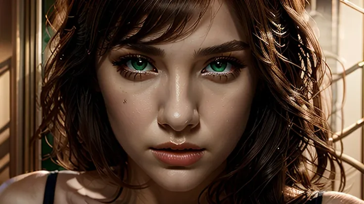 witch, young woman, beautiful, dark hair, green eyes realistic, masterpiece, high quality