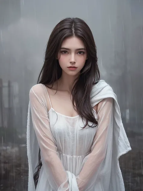 best quality,tmasterpiece,High resolution,Realistic,RAW photo,1girl,dark brown hair,Tall and tall,standing outside in the rain,Sense of strong contrast,Soft and textured skin, cold morning, With a shallow smile, With deep eyes