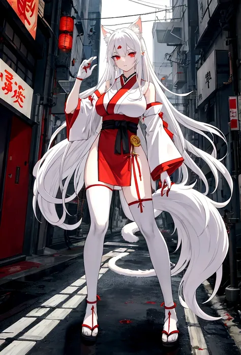 Make a full body character with 2D graphics based on current anime 4k-8k The character is 22 years old. Mature body with big breasts and curves. Eyes red, white cat ears, long white hair down to the ankles. Cat&#39;s furry tail. The outfit is a mix of trad...