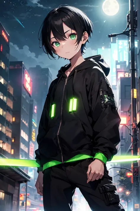 1boy, cyberpunk clothes, holding sci-fi sword, short black hair, green glowing eyes, wearing black hoodie, black large trousers, city, high res, ultrasharp, 8K, masterpiece, looking at the viewer, night with moon and stars,