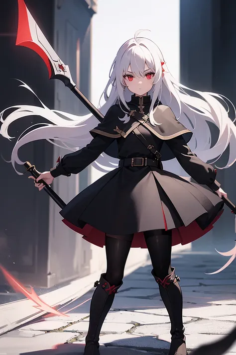 1girl, solo, long white hair, red eyes, ((holding battleaxe)), black footwear, boots, pantyhose, cross, knee boots, looking at viewer, belt, capelet, hair between eyes, long sleeves, black capelet, black pantyhose