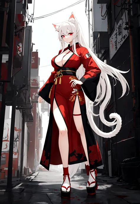 Make a full body character with 2D graphics based on current anime 4k-8k The character is 22 years old. Mature body with big breasts and curves. Eyes red, white cat ears, long white hair down to the ankles. Cat&#39;s furry tail. The outfit is a mix of trad...