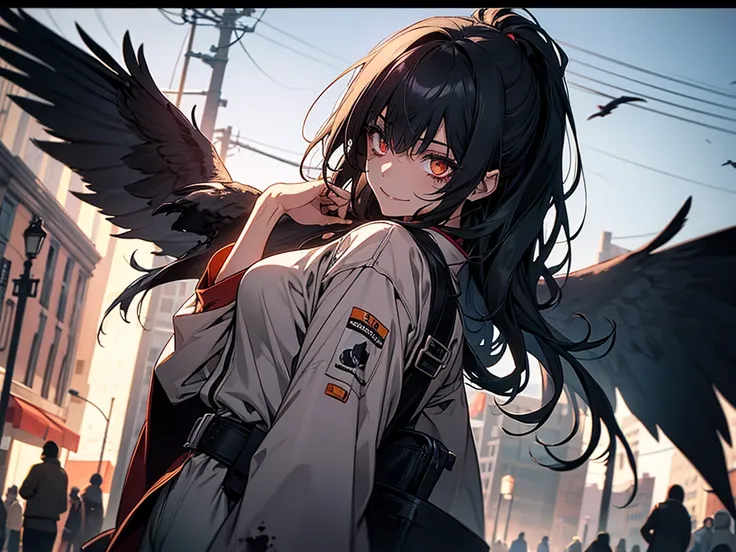 A girl in the Boku no hero style, She is wearing her hero outfit which consists of, a long-sleeved jumpsuit that covers your entire neck and ends in shorts, on top a kimono with a raven on each side drawn on it,
.The girl is a zombie, her hair is completel...