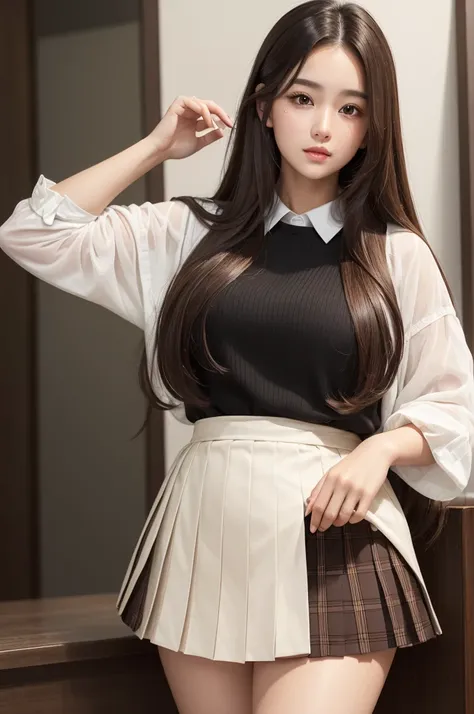 ((best quality)), ((masterpiece)), (detailed), perfect plump face with waist Long straight brown hair slightly wavy Brownish white skin color Brown eyes With black pleated skirt