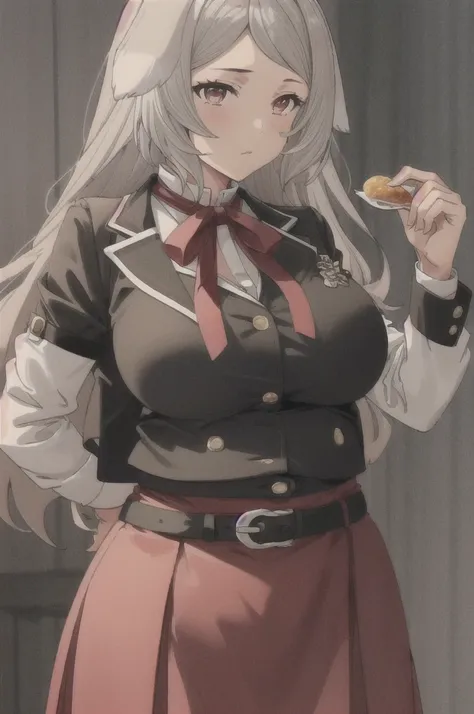 æ®é²å¡å¨,1girl,dog ears,grey hair,long hair,very long hair,bangs,red eyes,ears down,dog girl,solo,
red bowtie,white jacket,open jacket,red skirt,neck ribbon,dog tail,black pantyhose,breasts,((huge belly)),belt,black corset,long sleeves,,white shirt,hig...