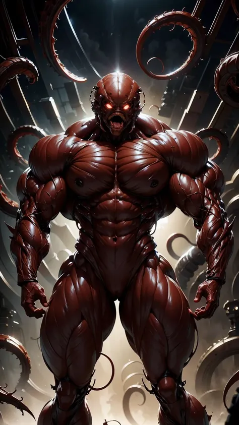 megan fox as a vampiric muscular red carnage, (mouth wide open with tongue out:1.25), (red carnage anatomic muscular bio-mecha muscle suit:1.25), (body totally covered in muscles, veins, tendons), (perfect muscular anatomy), (wide upper body:1.25), (thin l...