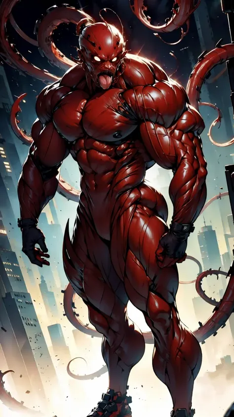 megan fox as a vampiric muscular red carnage, (mouth wide open with tongue out:1.25), (red carnage anatomic muscular bio-mecha muscle suit:1.25), (body totally covered in muscles, veins, tendons), (perfect muscular anatomy), (wide upper body:1.25), (thin l...