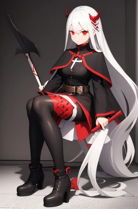 1girl, solo, long white hair, red eyes, ((holding battleaxe)), black footwear, boots, pantyhose, cross, knee boots, looking at viewer, belt, capelet, hair between eyes, long sleeves, black capelet, black pantyhose