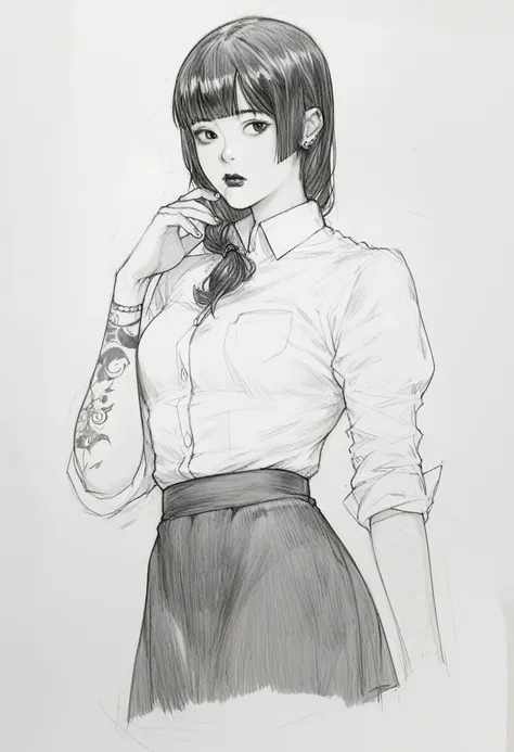 score_9, score_8_up, score_7_up, score_6_up, score_5_up, score_4_up, BREAKsketch, shinji_chibana_artstyle, traditional pencil style, pencil drawing, monochrome, detailed background, detailed background, Asian, white shirt, black skirt, rolled up sleeves, s...