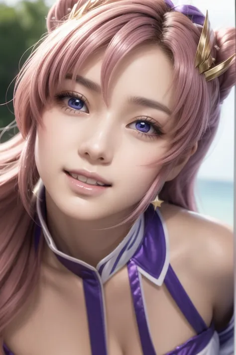 lacusclyne, lacus clyne, (purple eyes:1.1), hair ornament, long hair, wave hair ornament, (pink hair), smile, open mouth,
break ...