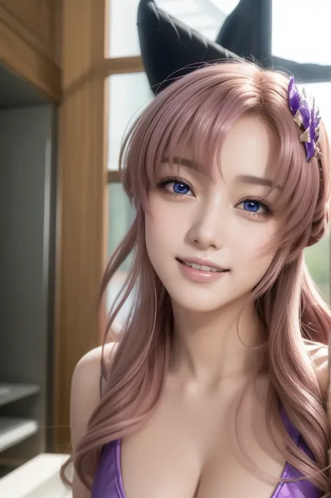 lacusclyne, lacus clyne, (purple eyes:1.1), hair ornament, long hair, wave hair ornament, (pink hair), smile, open mouth,
break ...