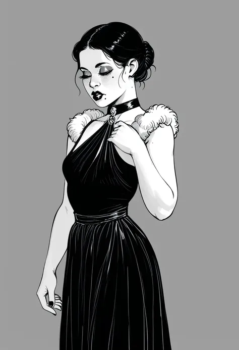 score_9, score_8_up, score_7_up, score_6_up BREAK, monochrome, sp1t, hatching texture, 1girl,solo, slim, pale skin tone, beauty mark, dark lipstick, regal dressing, fur trimmed black dress, dark background, bun hairstyle,
