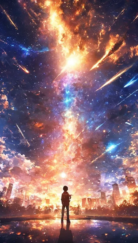 masterpiece, Concept Art, Panorama, in the center, shape, Wide Shot, night景 , night, (meteor), Space galaxy background, (Great composition, Epic scale), Dynamic Lighting, Bright colors, boy,Parks in Tokyo