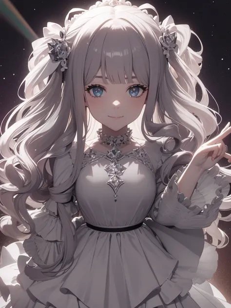 Dramatic composition, Court-style dress, Royal, nice, カスケードFrills, Frills, bow, Crystal Chandelier, Roman Curly Hairstyles, to place, Drill-like double ponytail, Looking at the camera, bangs, Maximalism, Palace-like background, Delicate depiction of hair a...