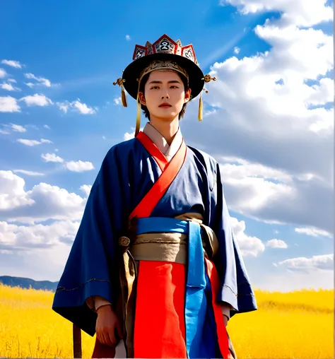 1boy, solo, looking at viewer, long sleeves, hat, closed mouth, upper body, outdoors, sky, day, cloud, blue sky, cloudy sky, crown, robe, korean clothes, traditional clothes, hanbok