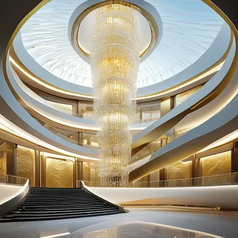 a building, futuristic circular design of 5 floors crescent like a staircase, pure crystal, gold, and diamond, at the top a chin...