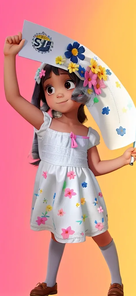 Five-year-old girl wearing a white dress with colorful flowers, with arms raised holding a sign