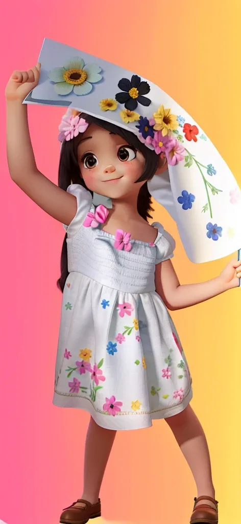 Five-year-old girl wearing a white dress with colorful flowers, with arms raised holding a sign