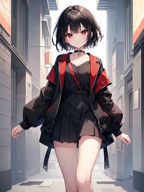 (masterpiece, highest quality, highest quality, (No text), Beautiful and aesthetic:1.2),No text,アニメ、BREAK,One Girl，Black Hair Girl　short hair　older sister　choker　Tree Eyes　Beautiful eyes　Red eyes　cool　smile　Red and Black　Black jacket　mini skirt　whole body　...