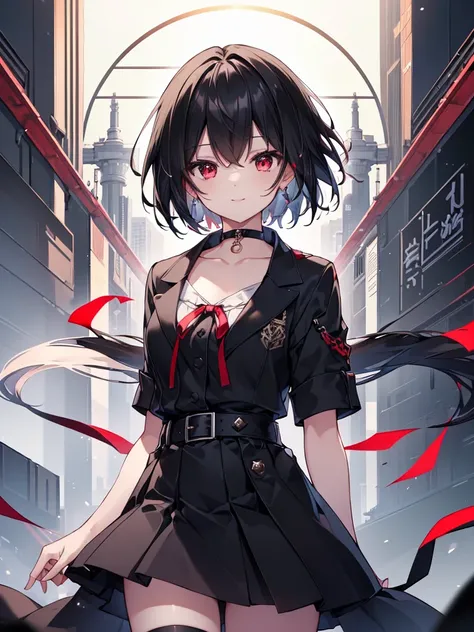 (masterpiece, highest quality, highest quality, (No text), Beautiful and aesthetic:1.2),No text,アニメ、BREAK,One Girl，Black Hair Girl　short hair　older sister　choker　Tree Eyes　Beautiful eyes　Red eyes　cool　smile　Red and Black　Black jacket　mini skirt　whole body　...