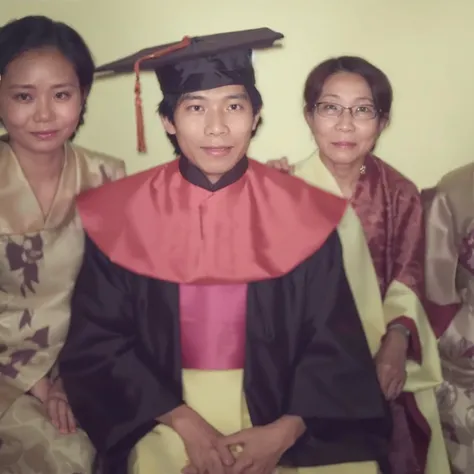  The image captures a touching moment from a family celebrating graduation. The graduate sat between his mother and older sister, the mother and brother wore traditional Indonesian batik clothes. proudly posing for a photo, with graduates at the center of ...