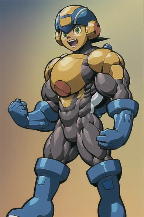 blue boots , yellow shoulder pads, blue helmet , Brown hair , green eyes, Blue suit, 1 boy, full body, masculine, muscular, happy, megaman ,muscle , bodybuilder  ,hypermuscle , human , boy , male , Pecs , Big , huge butt  , alone 