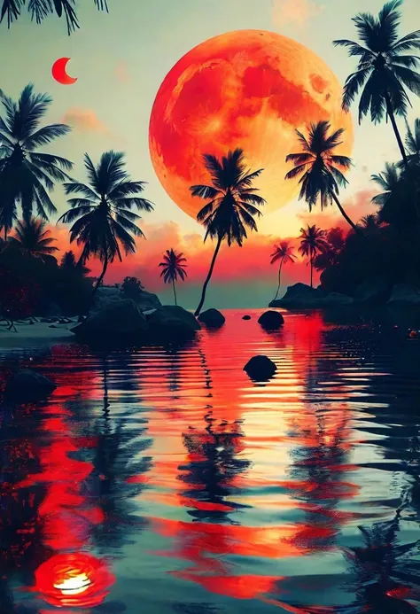 a sunset on a tropical beach with palm trees, a picture, by derek zabrocki, tumblr, romanticism, huge red moon, red and black colors, mobile wallpaper, beautiful ambience, reflection of the moon, gorgeous sunlight and shadows, red and white colors, red on ...